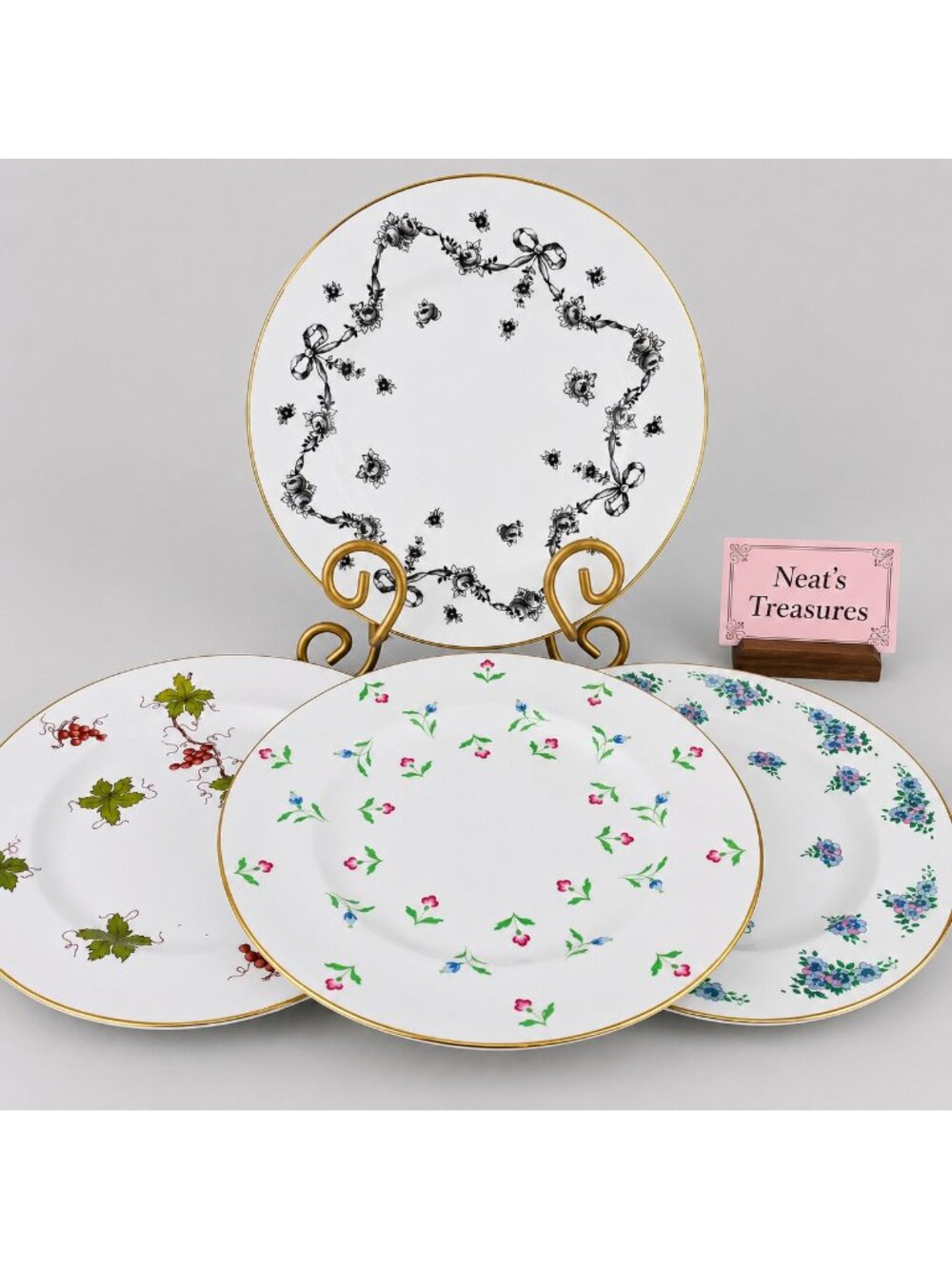 Royal Victoria SHABBY CHIC Fine Bone China Floral Gold Cottage Lunch Plate Set 4